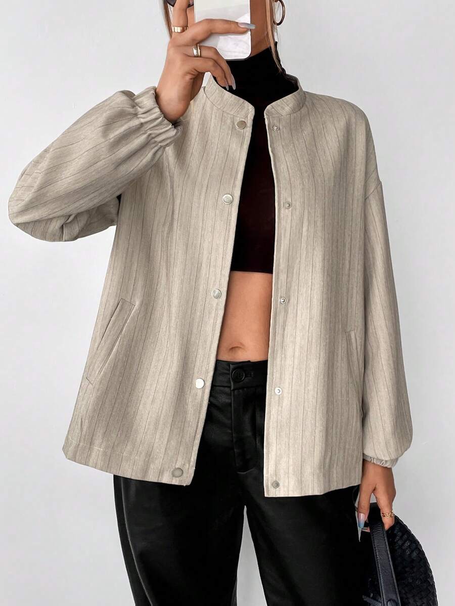 SHEIN Essnce Drop Shoulder Button Front Slant Pocket Coat - Beige - View 1