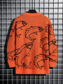 Manfinity Hypemode Hombres Jersey con patrón de tiburón de hombros caídos - Naranja - Ver 2