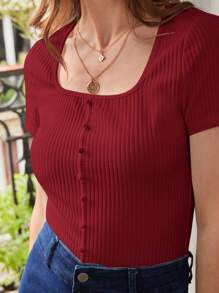 Poéselle 前紐扣條紋針織T恤 - 酒紅色 - 查看 6