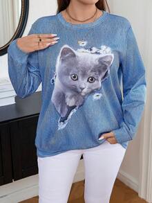 Calvaya Sudadera casual de cuello redondo con estampado de gato de dibujos animados para mujer talla grande en otoño/invierno - Azul - Ver 6