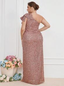 UNITHORSE Plus Asymmetrical Neck Ruffle Trim Split Thigh Sequin Prom Dress Elegant Formal Evening Wedding Guest Gown, For Graduation, Dinner Party Dress - Dusty Pink - View 2