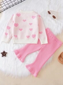 Baby Girl Heart Pattern Sweater & Flare Leg Knit Pants - Multicolor - View 2