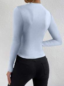 VaVaBold Elegant Commuter Solid Color Ruched Fitted Long Sleeve T-Shirt - Blue - View 2