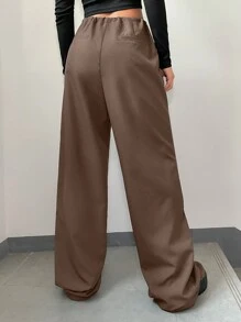 EURMUSE Solid Drawstring Waist Wide Leg Pants - Brown - View 3