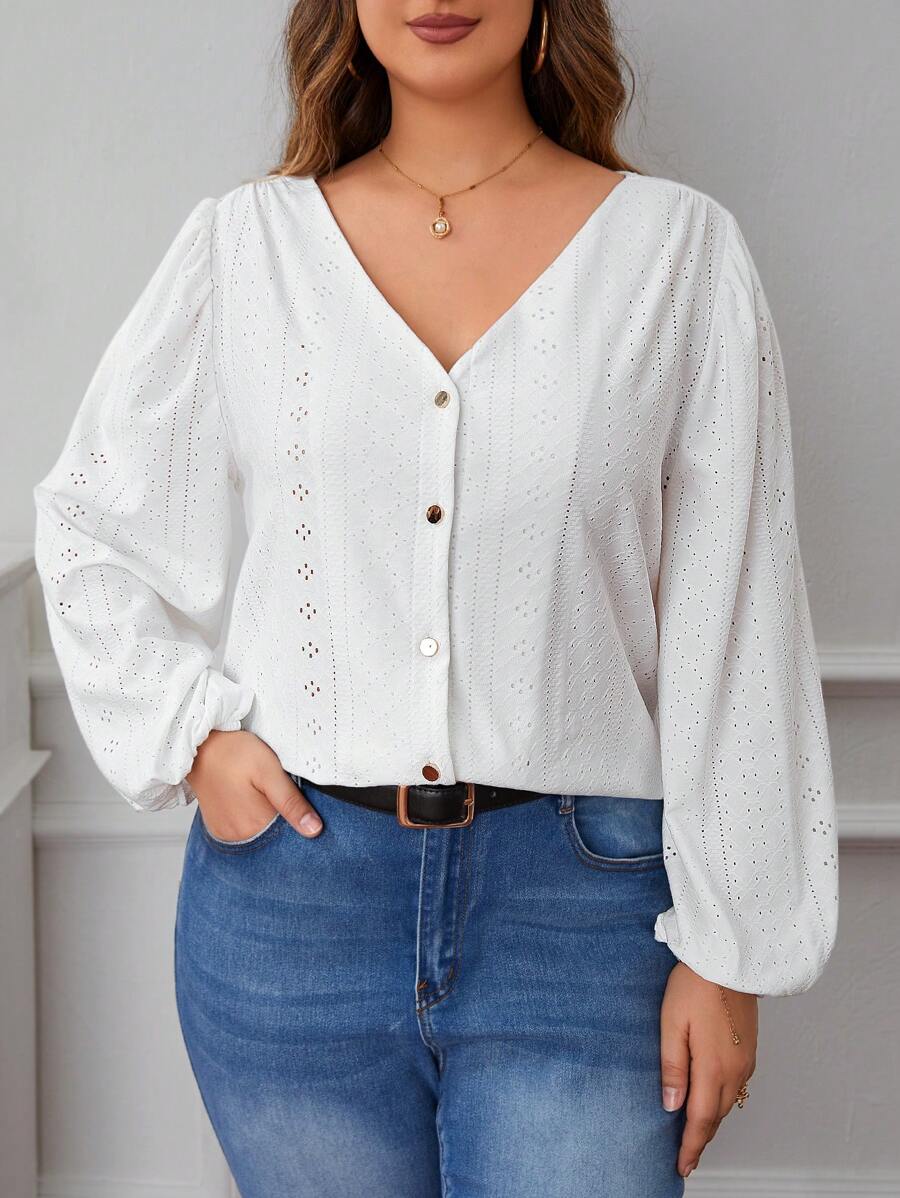SHEIN Frenchy Hơn Lỗ gắn thêu Tay áo lồng đèn Nút phía trước Áo sơ mi - trắng - Xem 1