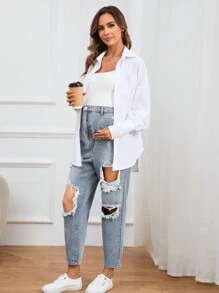 SHEIN Maternity Ripped Cut Out Tapered Jeans - Light Wash - View 3