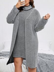 Calvaya Hơn Đồ họa Houndstooth Áo cao cổ Thả vai Áo len Mở & Đầm Áo len - Xám - Xem 7