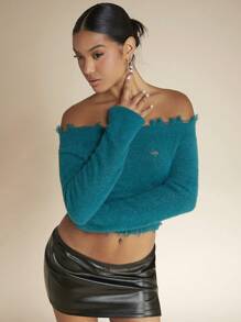SHEIN BAE Off Shoulder Distressed Crop Sweater