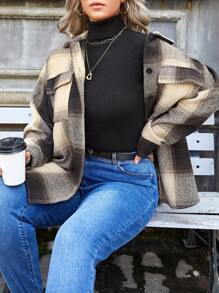 SHEIN Frenchy Plus Plaid Print Drop Shoulder Flap Pocket Coat Winter Fall Autumn - Coffee Brown - View 3