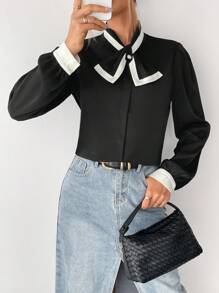 SHEIN Privé Camisa Con Cuello Anudado Y Ribete En Contraste - Negro - Ver 1
