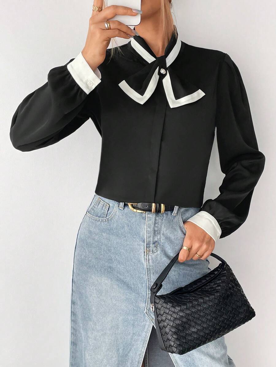 SHEIN Privé Camisa Con Cuello Anudado Y Ribete En Contraste - Negro - Ver 1