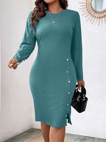 Celure Hơn Chi tiết Nút Gân đan Đầm - màu xanh lá - Xem 4