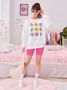 SHEIN 青少年女孩印花落肩袖套頭衫&騎行褲 - 西瓜粉 - 查看 5