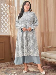 Mulvari Plus Flare Sleeve Eyelash Lace Overlay Dress