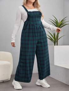 SHEIN EZwear Plus Plaid Print Overall Jumpsuit Without Tee - Green - View 5