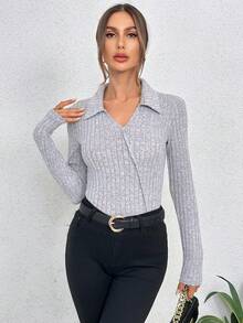 SHEIN Essnce 净色罗纹针织 T 恤 - 灰色 - 查看 5