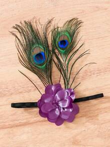 女嬰孔雀羽毛印花網紗半身裙＆ 頭巾 - 彩色 - 查看 4