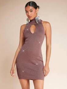 SHEIN BAE فستان صوف ضيق مقصوص امامي لامع - أحمر بنفسجي - مشاهدة 5