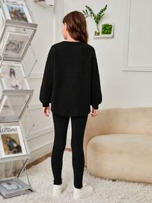 SHEIN Tween Girl Drop Shoulder Curved Hem Tee & Leggings - Black - View 2