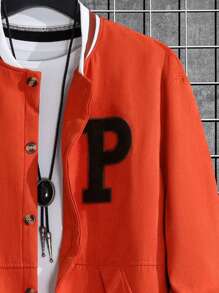 Manfinity Homme Men Letter Patched Striped Trim Drop Shoulder Varsity Jacket - Orange - View 5