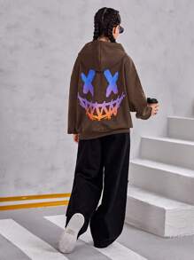 Teen Girl Expression Print Drop Shoulder Kangaroo Pocket Sweatshirt - Brown - View 3