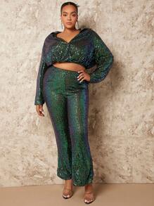 SHEIN BAE Christmas Plus Drop Shoulder Crop Sequin Shirt