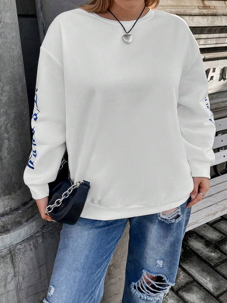 Plus Slogan Graphic Drop Shoulder Sweatshirt Pullover Fall Sweatshirt