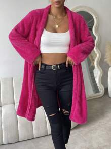 SHEIN Essnce 素色開門襟法蘭絨外套 - 玫紅色 - 查看 6