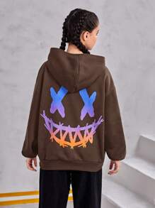 Teen Girl Expression Print Drop Shoulder Kangaroo Pocket Sweatshirt - Brown - View 2