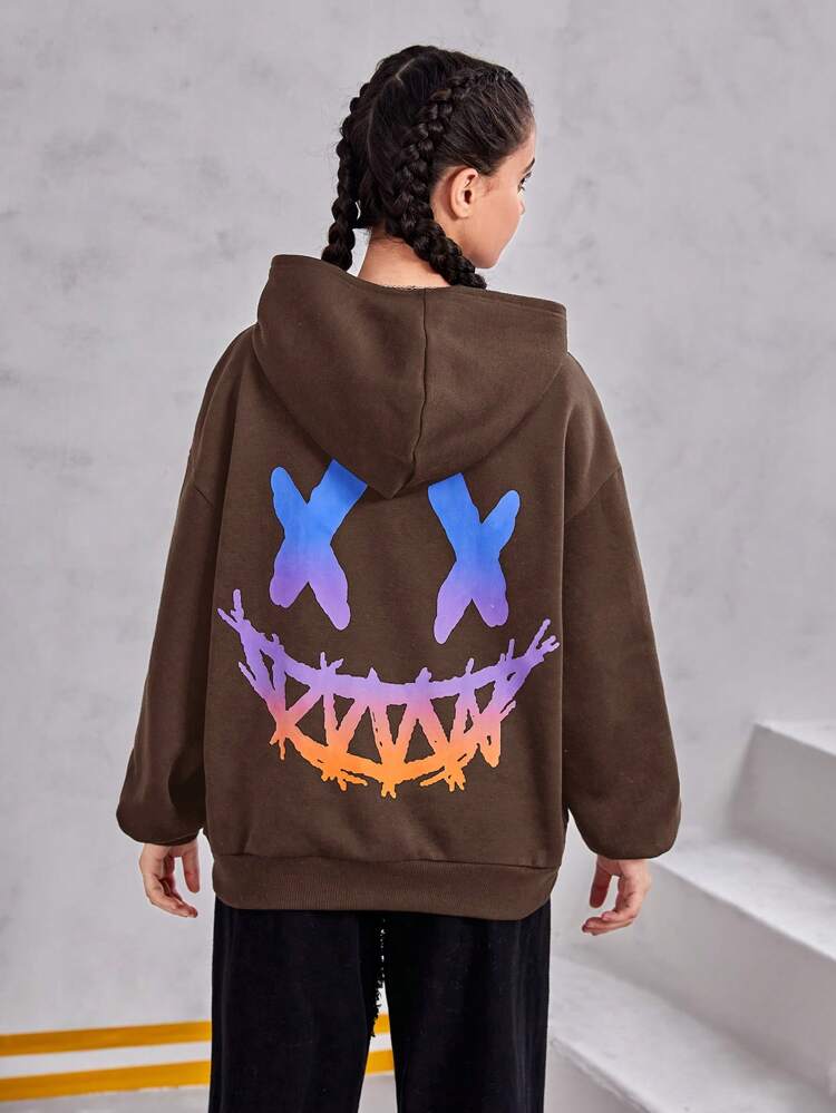 Teen Girl Expression Print Drop Shoulder Kangaroo Pocket Sweatshirt