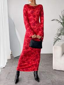 SHEIN Privé Floral Print Flounce Sleeve Bodycon Dress - Red - View 4