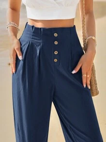 SHEIN Frenchy 高腰紐扣門襟褶皺長褲