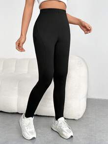 SHEIN EZwear Solid Phone Pocket Side Leggings - Black - View 5