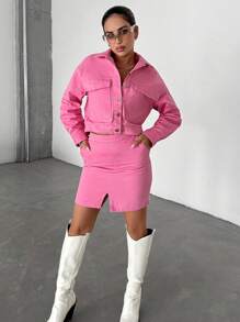 EURMUSE Flap Pocket Drop Shoulder Denim Jacket & Split Hem Skirt - Pink - View 5