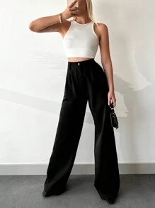 RueChic Solid High Waist Wide Leg Pants - Black - View 3