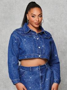 SHEIN BAE Áo khoác denim dáng croptop có túi đính đá Rhinestone Decor Flap, Quần áo mùa thu cho nữ - Màu xanh lam - Xem 3