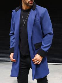 Manfinity Mode 男士色塊立領前開羊毛外套,配雙口袋 - 藍色 - 查看 3