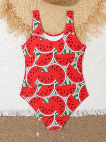 SHEIN Tween Girl Watermelon Print One Piece Swimsuit Summer Holiday Summer Pink Swim Bohemian Summer Holiday Cute - Red - View 2