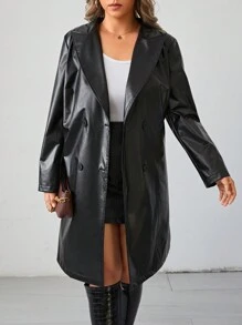 SHEIN Frenchy Plus Lapel Neck Belted PU Leather Coat - Black - View 3