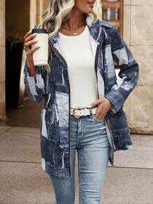 SHEIN LUNE 色塊拼接圖案拉鏈開襟連帽外套 - 藍色 - 查看 3