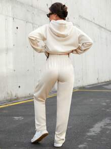 RueChic Drop Shoulder Split Hem Drawstring Hoodie & Pants - Beige - View 2