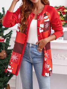 SHEIN LUNE Christmas Snowman Print Raglan Sleeve Coat - Red - View 6
