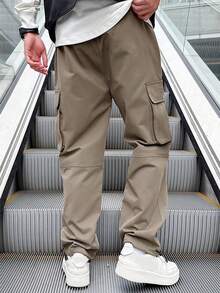 Manfinity EMRG 男士翻蓋口側拉繩腰超大尺碼貨物褲 - 卡其色 - 查看 2