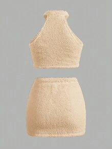 SHEIN EZwear 素色絨毛掛脖上衣&包臀半身裙 - 杏色 - 查看 2