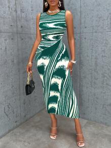 SOLERSUN Allover Print Cut Out Waist Bodycon Dress - Dark Green - View 3