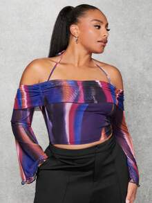 SHEIN BAE Plus Tie Dye Tie Backless Crop Halter Top - Multicolor - View 4