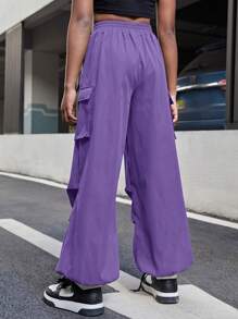 SHEIN 十幾歲女孩休閒實色斜紋運動褲，帶束口褶邊踝和帶蓋口口袋 - 紫色 - 查看 2