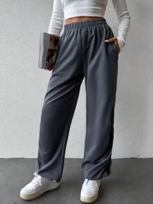 SHEIN Cottnline Solid Elastic Waist Slant Pocket Ruched Side Sweatpants - Grey - View 5