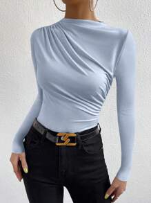 VaVaBold Elegant Commuter Solid Color Ruched Fitted Long Sleeve T-Shirt - Blue - View 4