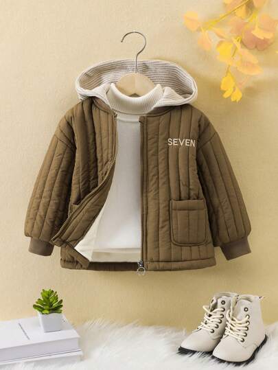 男童单件刺绣字母图案双口袋连帽保暖衬垫外套